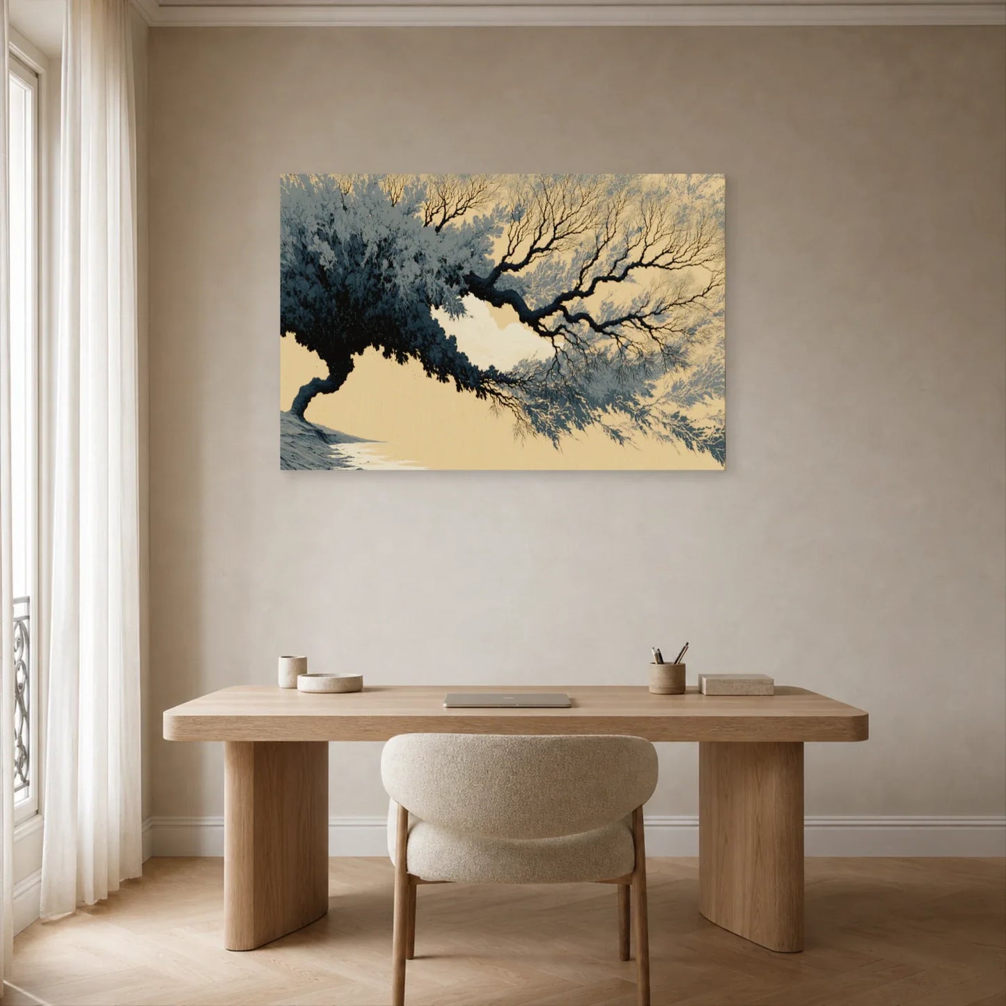 Tableau Arbre Noir et Beige Japonisant - Ramure d’Encre présenté dans un bureau en bois sombre