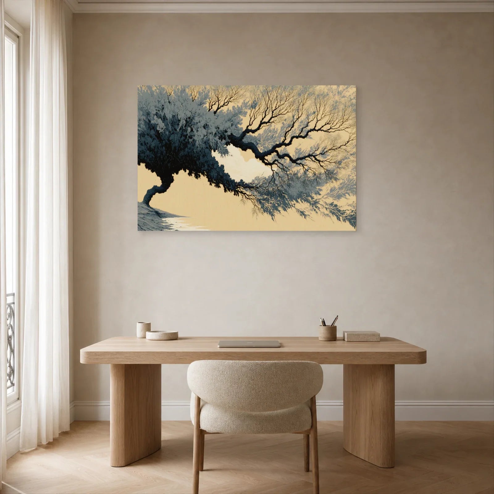 Tableau Arbre Noir et Beige Japonisant - Ramure d’Encre présenté dans un bureau en bois sombre