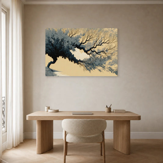 Tableau Arbre Noir et Beige Japonisant - Ramure d’Encre présenté dans un bureau en bois sombre