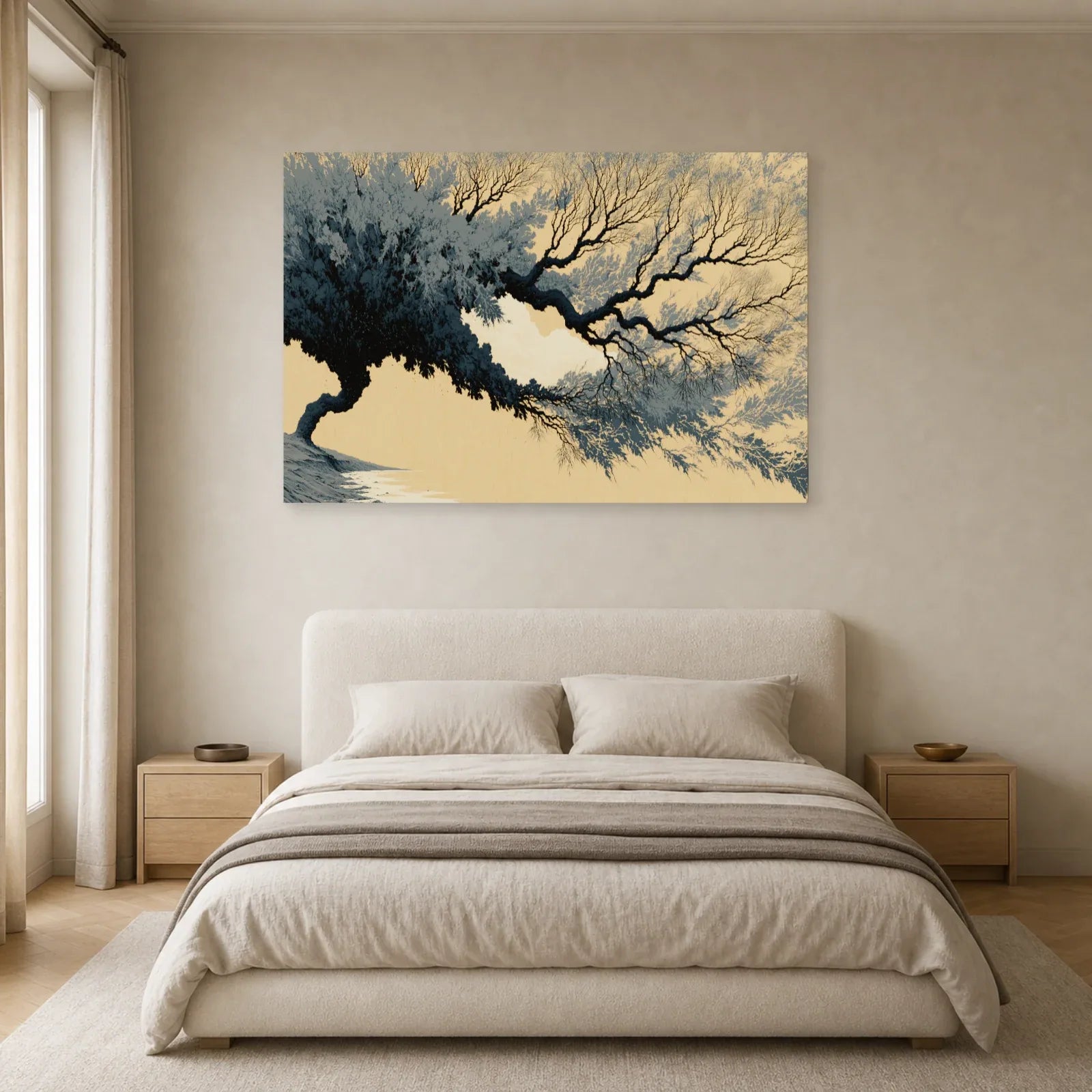 Tableau Arbre Noir et Beige Japonisant - Ramure d’Encre présenté dans une chambre aux textiles gris bleu