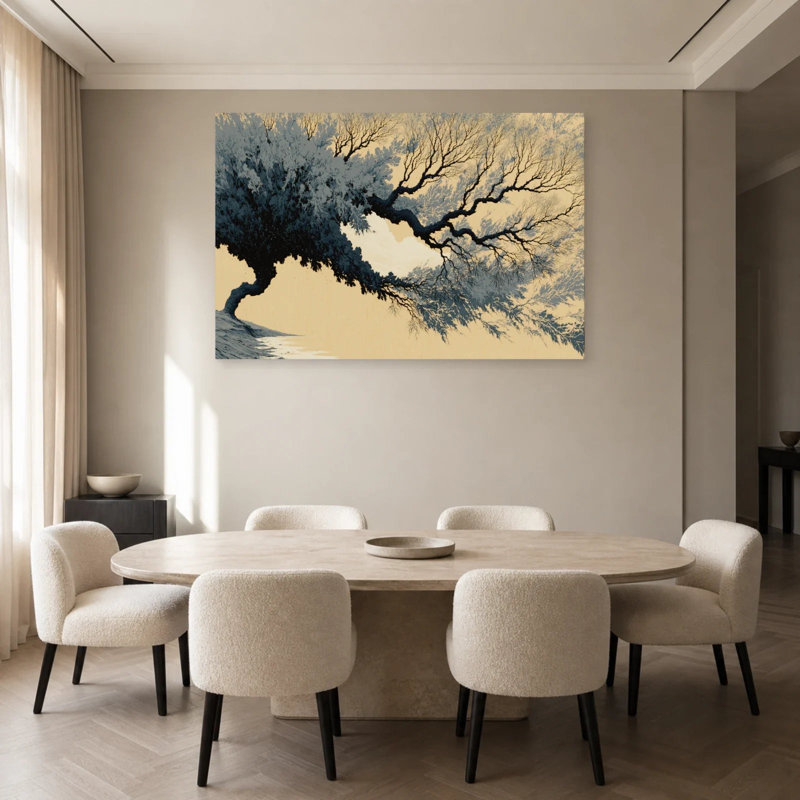 Tableau Arbre Noir et Beige Japonisant - Ramure d’Encre présenté dans une salle à manger avec métal anthracite