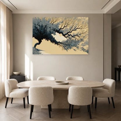 Tableau Arbre Noir et Beige Japonisant - Ramure d’Encre présenté dans une salle à manger avec métal anthracite