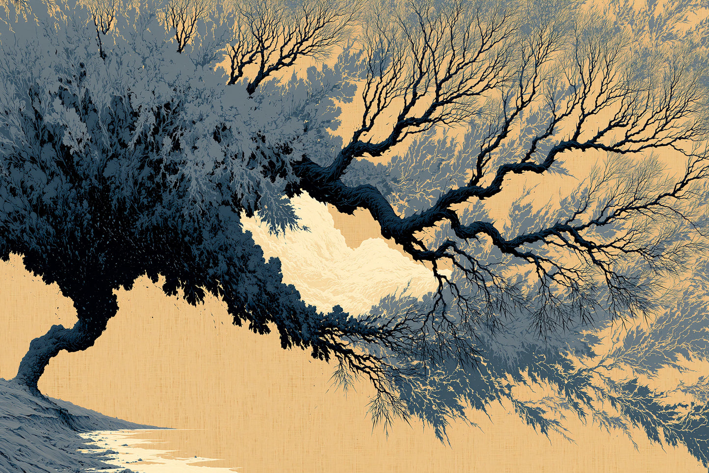 Tableau Arbre Noir et Beige Japonisant - Ramure d’Encre, toile horizontal en taille S