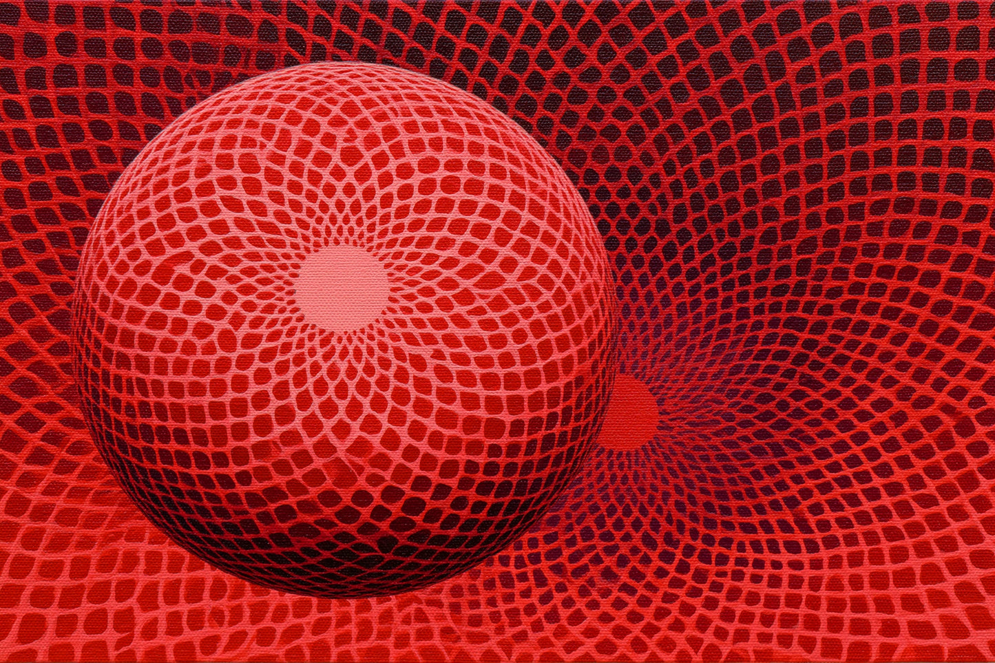 maillage rouge optique courbé autour d’une grande sphère et d’un creux circulaire, toile horizontale en taille M