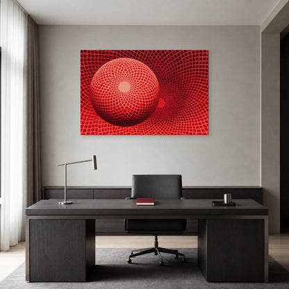 maillage rouge optique courbé autour d’une grande sphère et d’un creux circulaire, présenté dans un bureau aux lignes sobres