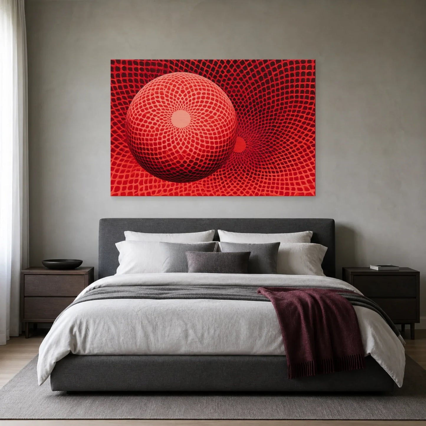 maillage rouge optique courbé autour d’une grande sphère et d’un creux circulaire, présenté dans une chambre aux textiles unis