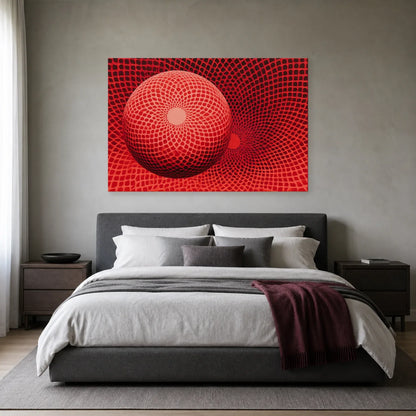 maillage rouge optique courbé autour d’une grande sphère et d’un creux circulaire, présenté dans une chambre aux textiles unis