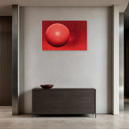 maillage rouge optique courbé autour d’une grande sphère et d’un creux circulaire, présenté dans une entrée épurée