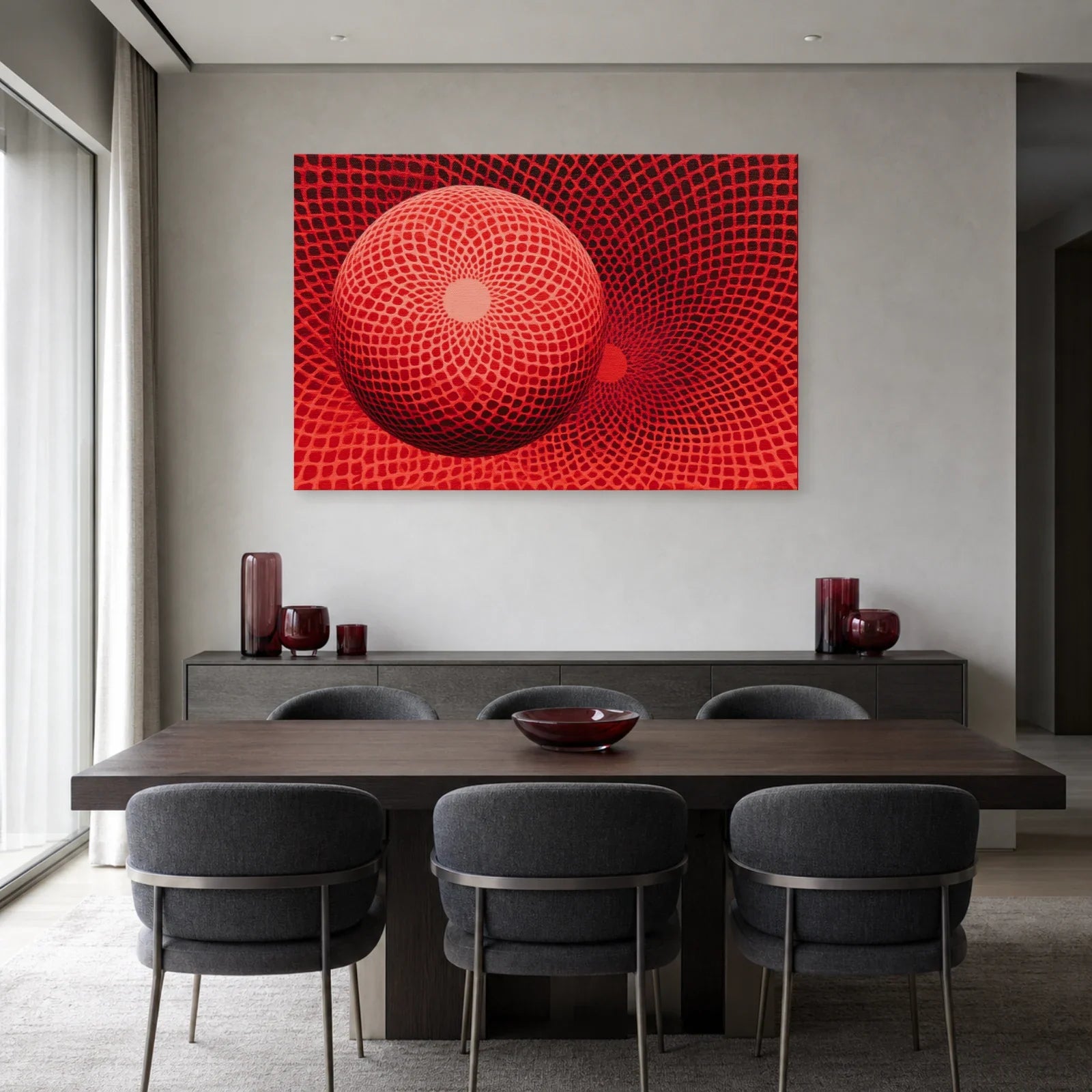 maillage rouge optique courbé autour d’une grande sphère et d’un creux circulaire, présenté dans une salle à manger chaleureuse