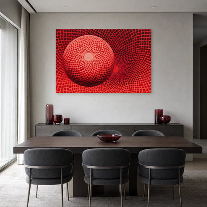 maillage rouge optique courbé autour d’une grande sphère et d’un creux circulaire, présenté dans une salle à manger chaleureuse