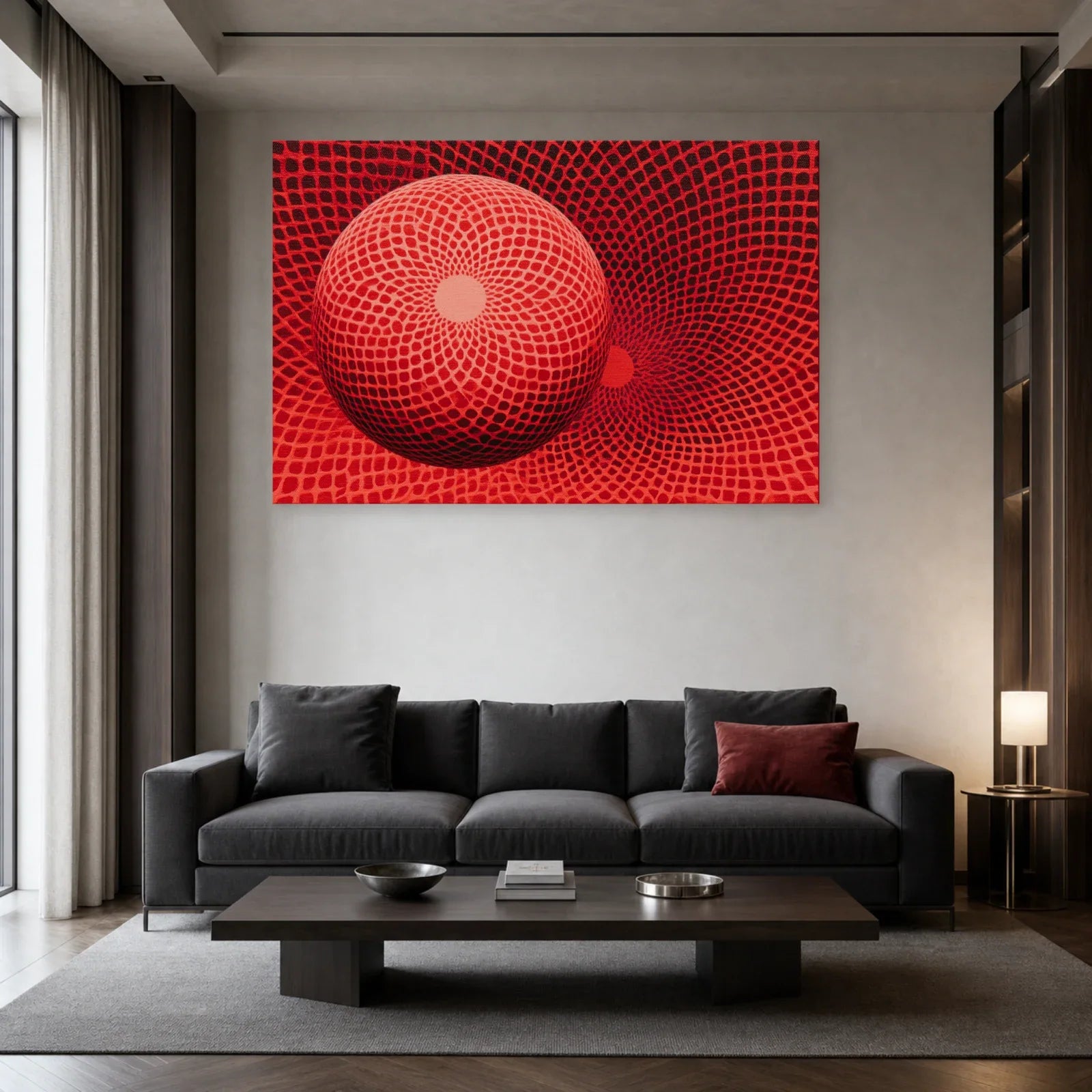 maillage rouge optique courbé autour d’une grande sphère et d’un creux circulaire, présenté dans un salon contemporain