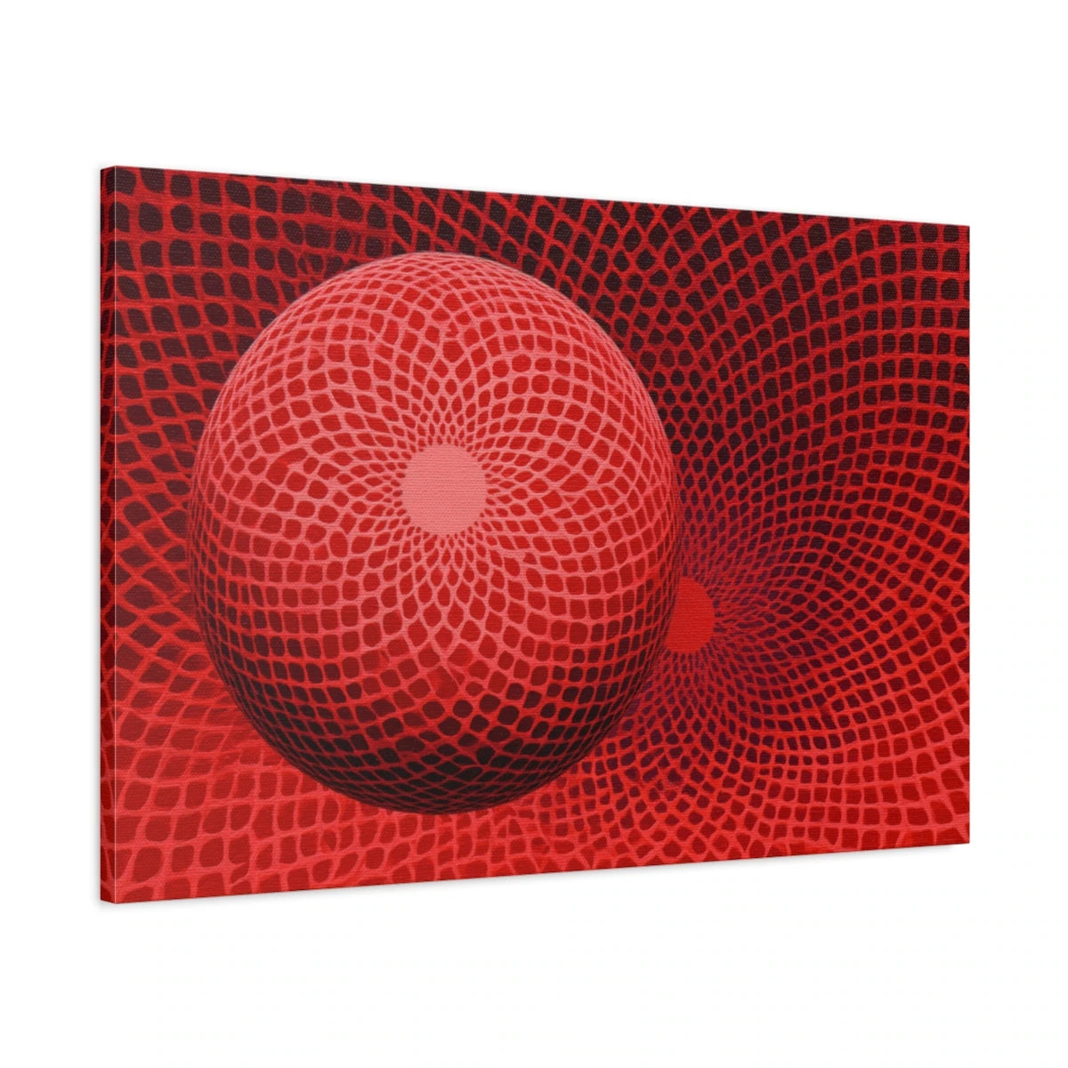 maillage rouge optique courbé autour d’une grande sphère et d’un creux circulaire, vue latérale de la toile sur châssis