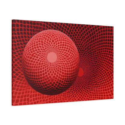 maillage rouge optique courbé autour d’une grande sphère et d’un creux circulaire, vue latérale de la toile sur châssis