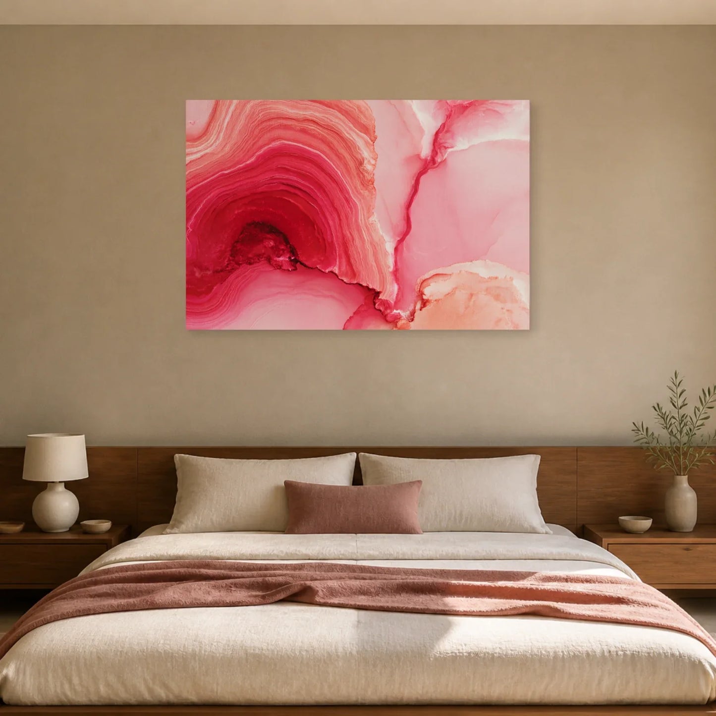 Tableau Abstrait Topographique Rose présenté dans une chambre - Art Virtuoso