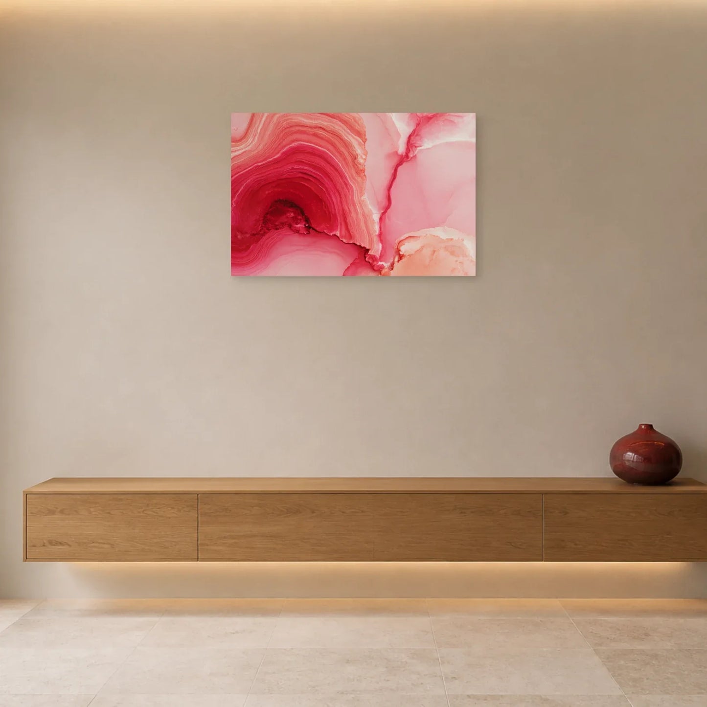 Tableau Abstrait Topographique Rose présenté dans une entrée - Art Virtuoso