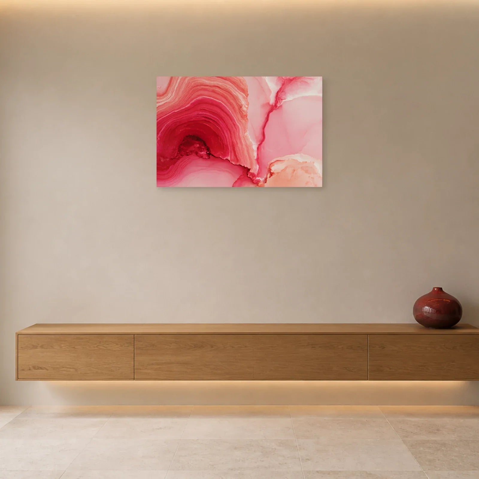Tableau Abstrait Topographique Rose présenté dans une entrée - Art Virtuoso