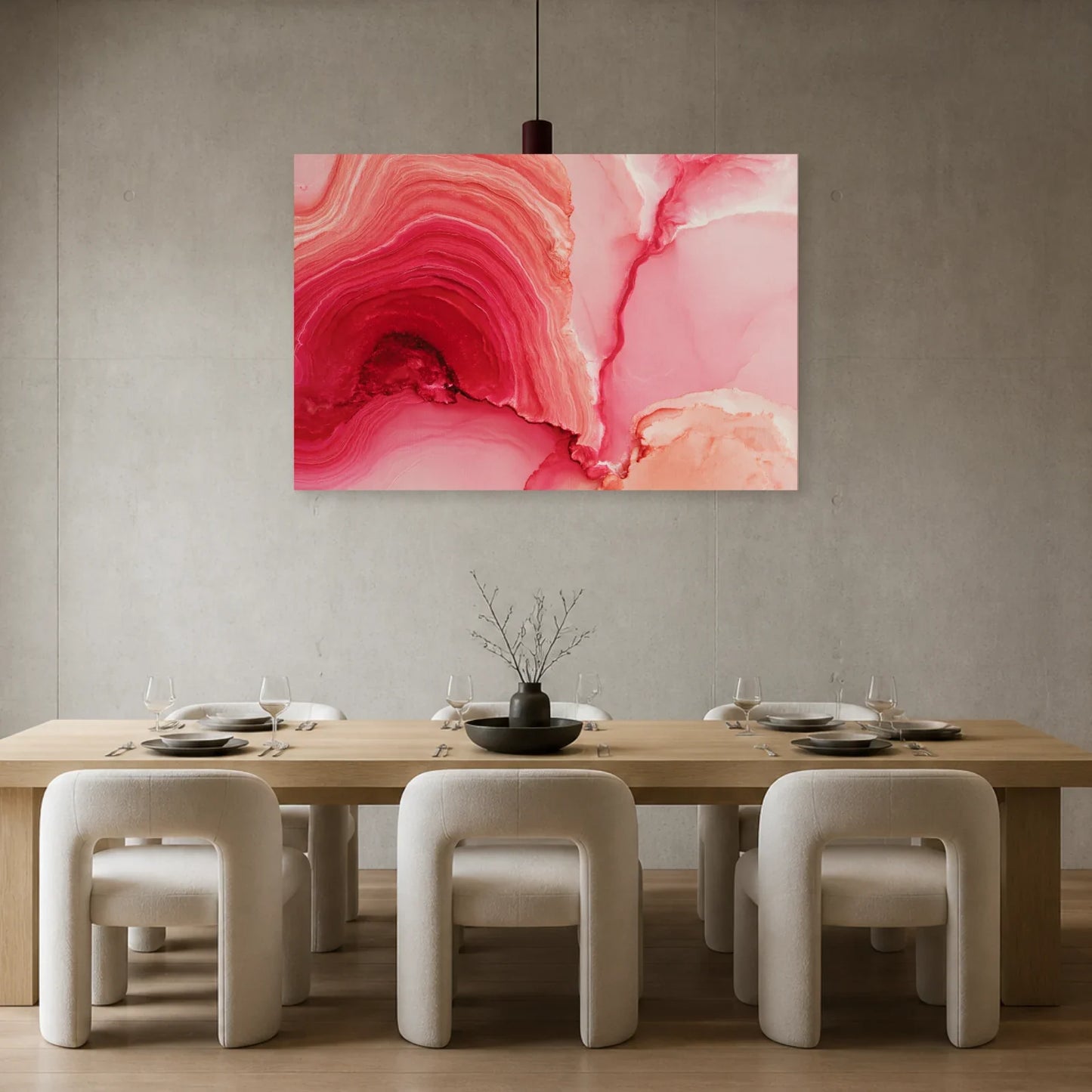 Tableau Abstrait Topographique Rose présenté dans une salle à manger - Art Virtuoso