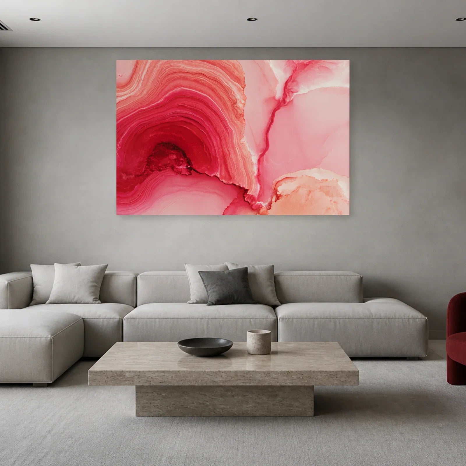 Tableau Abstrait Topographique Rose présenté dans un salon - Art Virtuoso