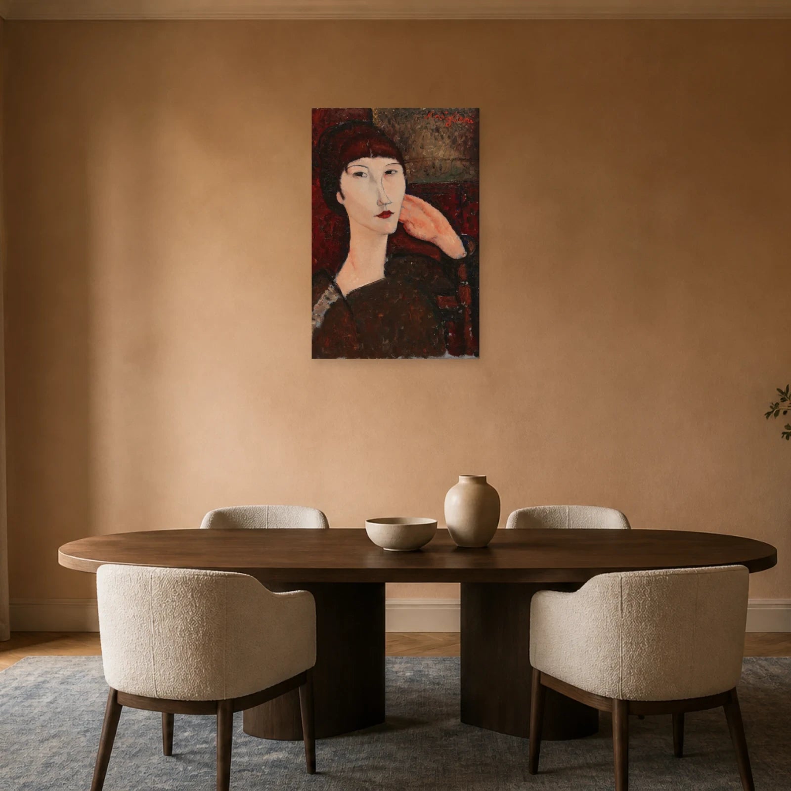 Tableau Adrienne (Femme à la frange) – Amedeo Modigliani dans une salle à manger - Art Virtuoso