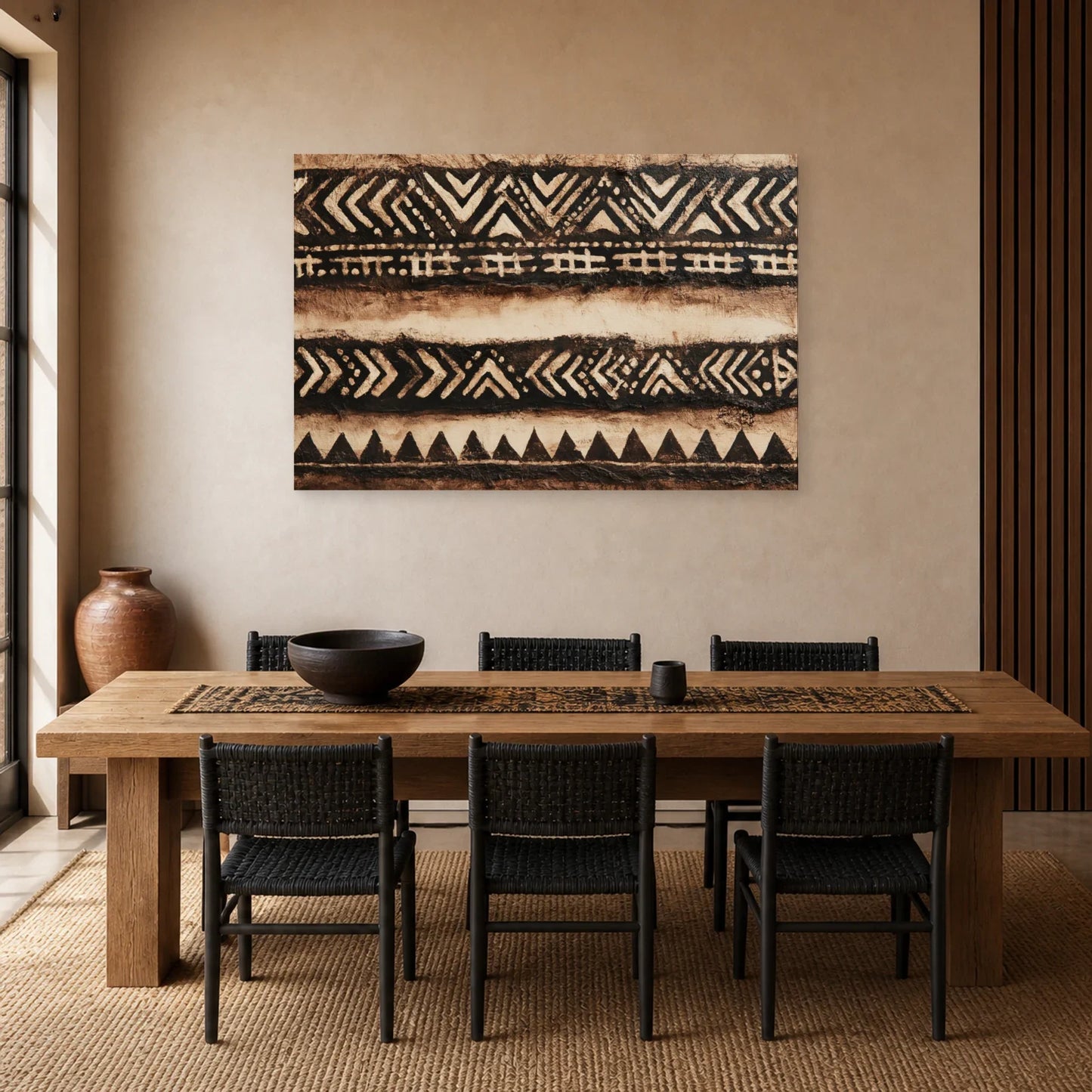 Tableau Africain Bogolan Moderne dans une salle à manger - Art Virtuoso