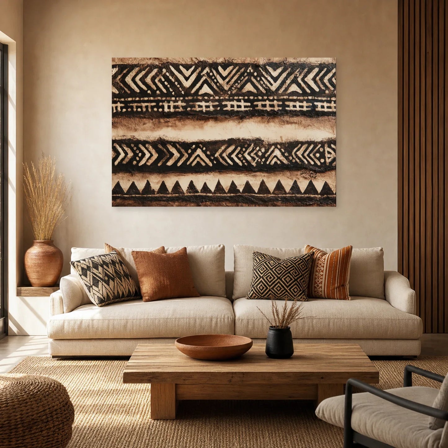Tableau Africain Bogolan Moderne dans un salon - Art Virtuoso