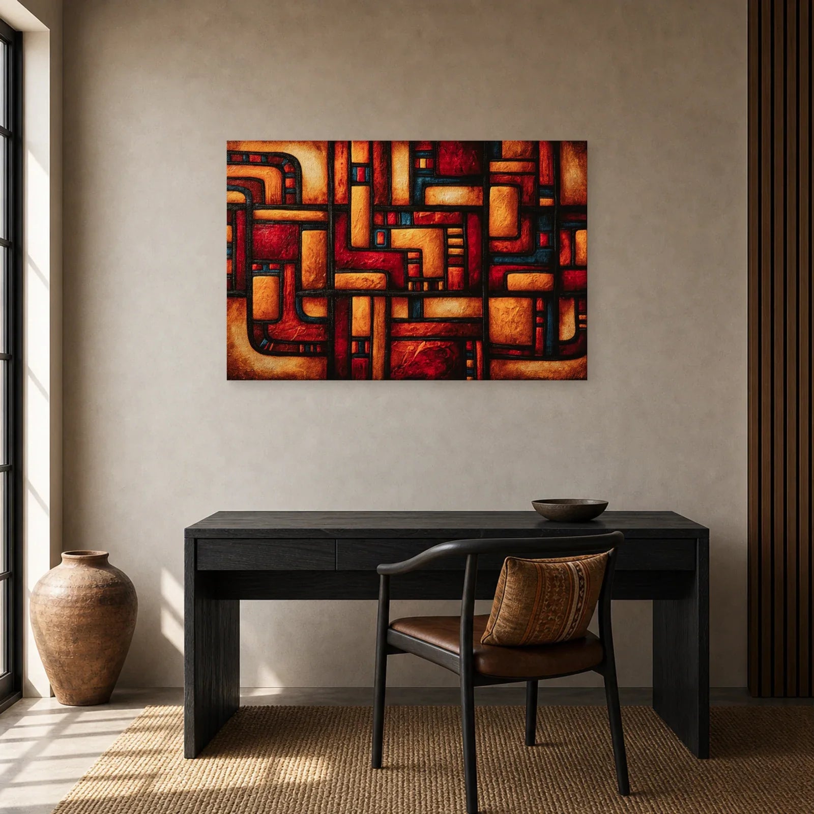 Tableau Africain Imigongo Terracotta dans un bureau - Art Virtuoso