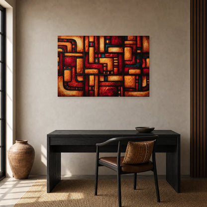 Tableau Africain Imigongo Terracotta dans un bureau - Art Virtuoso