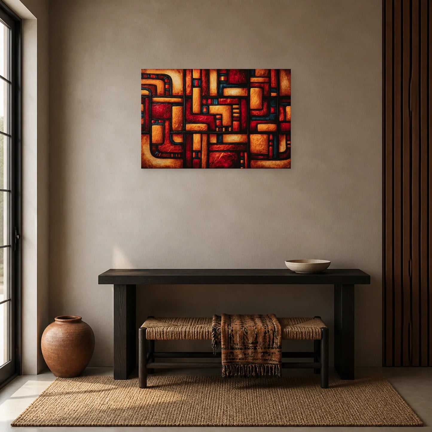 Tableau Africain Imigongo Terracotta dans une entrée ou un couloir - Art Virtuoso
