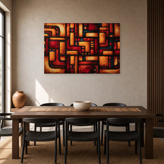 Tableau Africain Géométrique Terracotta - Lignes de Terre dans une salle à manger - Art Virtuoso