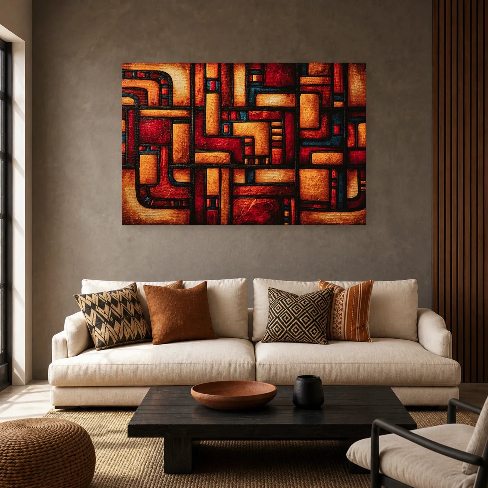 Tableau Africain Imigongo Terracotta dans un salon - Art Virtuoso