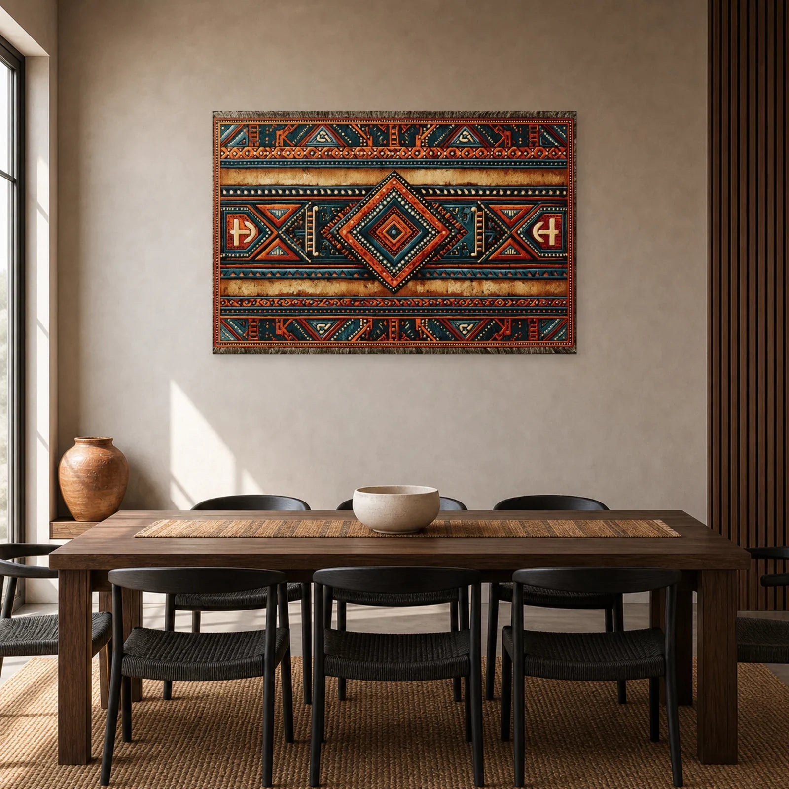 Tableau Africain Kente Géométrique dans une salle à manger - Art Virtuoso