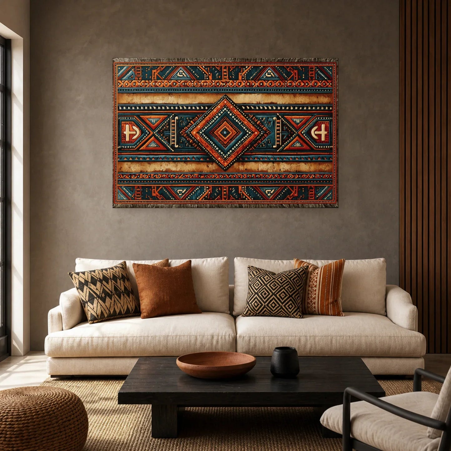 Tableau Africain Kente Géométrique dans un salon - Art Virtuoso