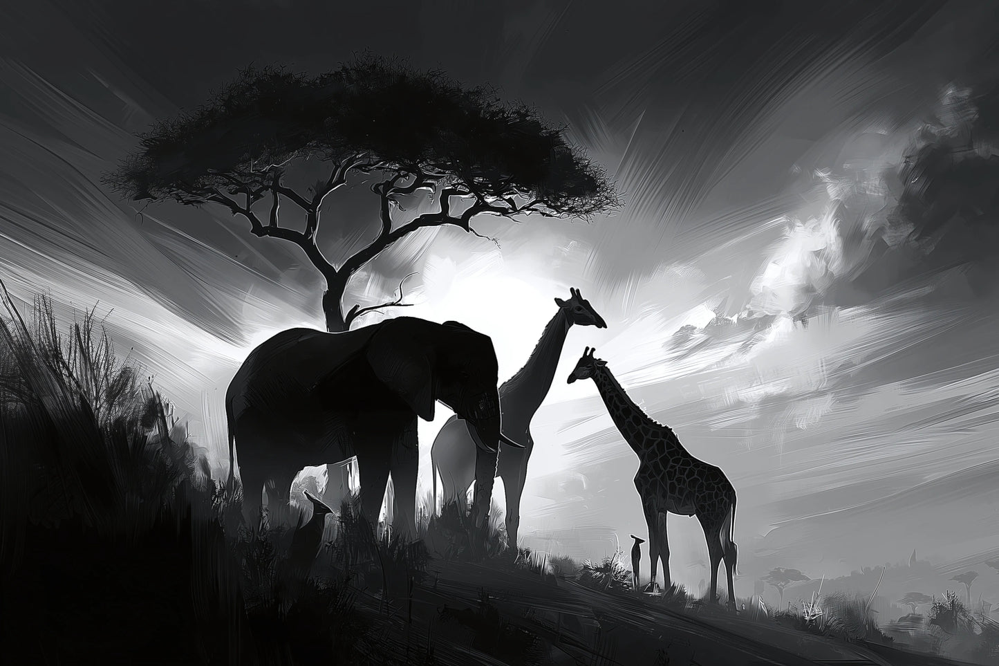 Tableau noir et blanc de savane africaine avec éléphant girafe et acacia - format M
