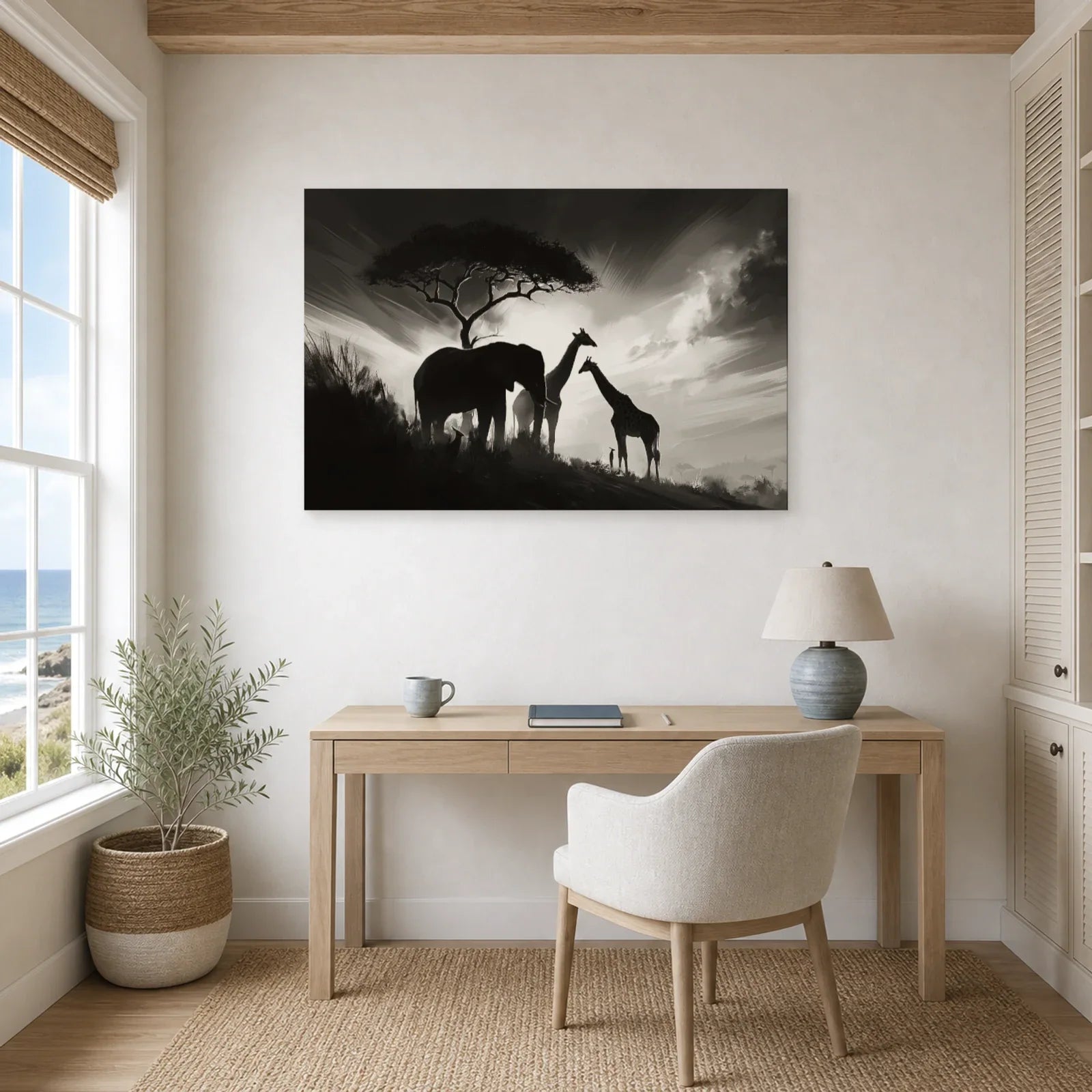 Tableau Animaux Afrique Noir et Blanc - Ombres de Savane dans un bureau - Art Virtuoso