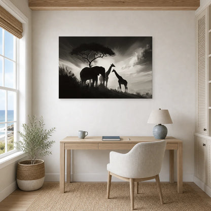 Tableau Animaux Afrique Noir et Blanc - Ombres de Savane dans un bureau - Art Virtuoso