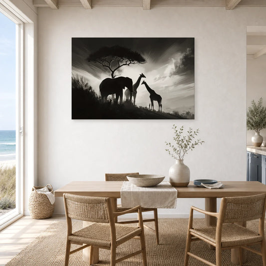 Tableau Animaux Afrique Noir et Blanc - Ombres de Savane dans une cuisine - Art Virtuoso