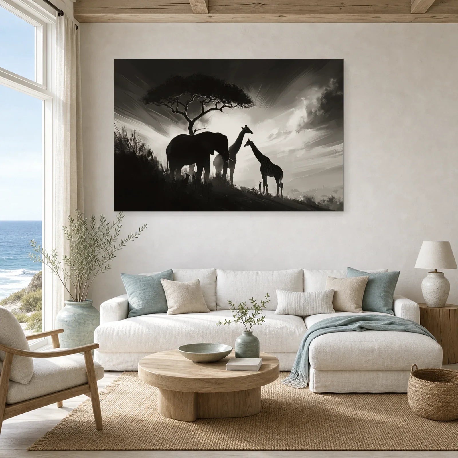 Tableau Animaux Afrique Noir et Blanc - Ombres de Savane dans un salon - Art Virtuoso