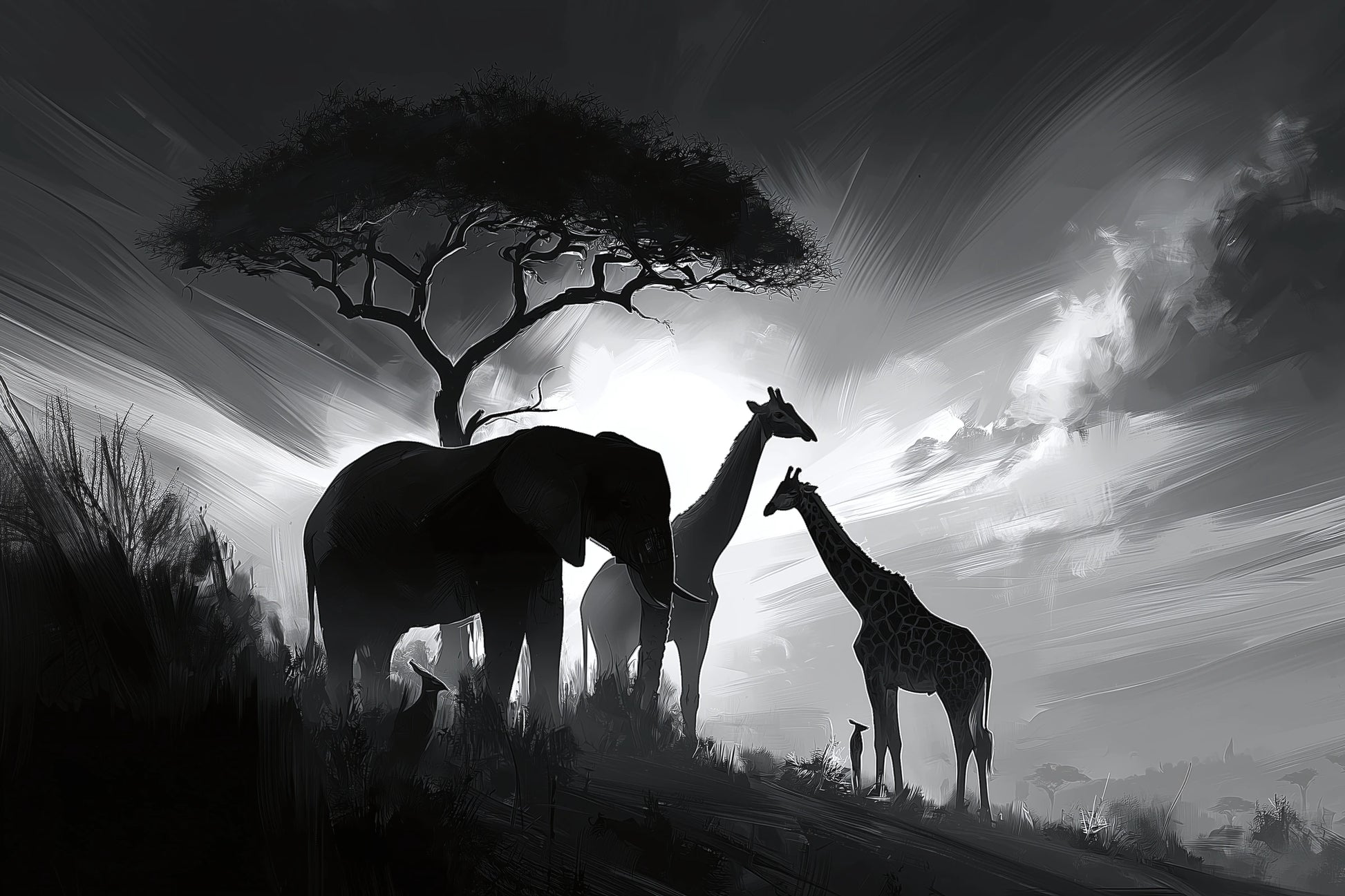 Tableau noir et blanc de savane africaine avec éléphant girafe et acacia - format S