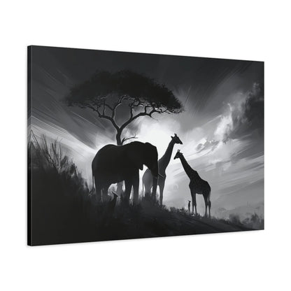 Tableau noir et blanc de savane africaine avec éléphant girafe et acacia - toile 3D avec bords imprimés visibles