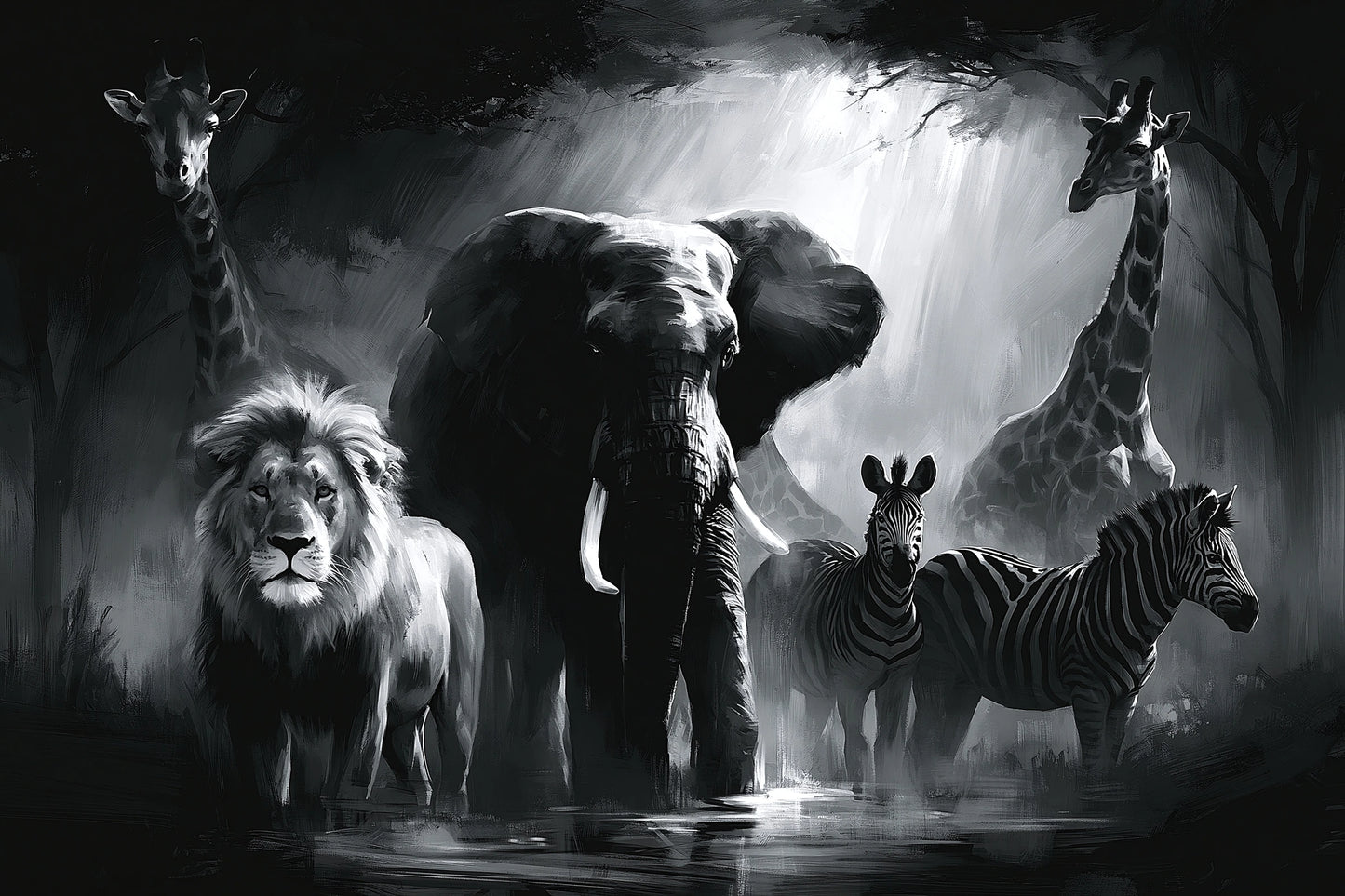 Tableau noir et blanc avec animaux sauvages éléphant lion et girafe - format L