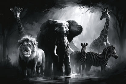 Tableau noir et blanc avec animaux sauvages éléphant lion et girafe - format M