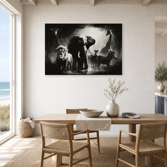 Tableau Animaux Sauvages Noir et Blanc - Cercle Sauvage dans une cuisine - Art Virtuoso