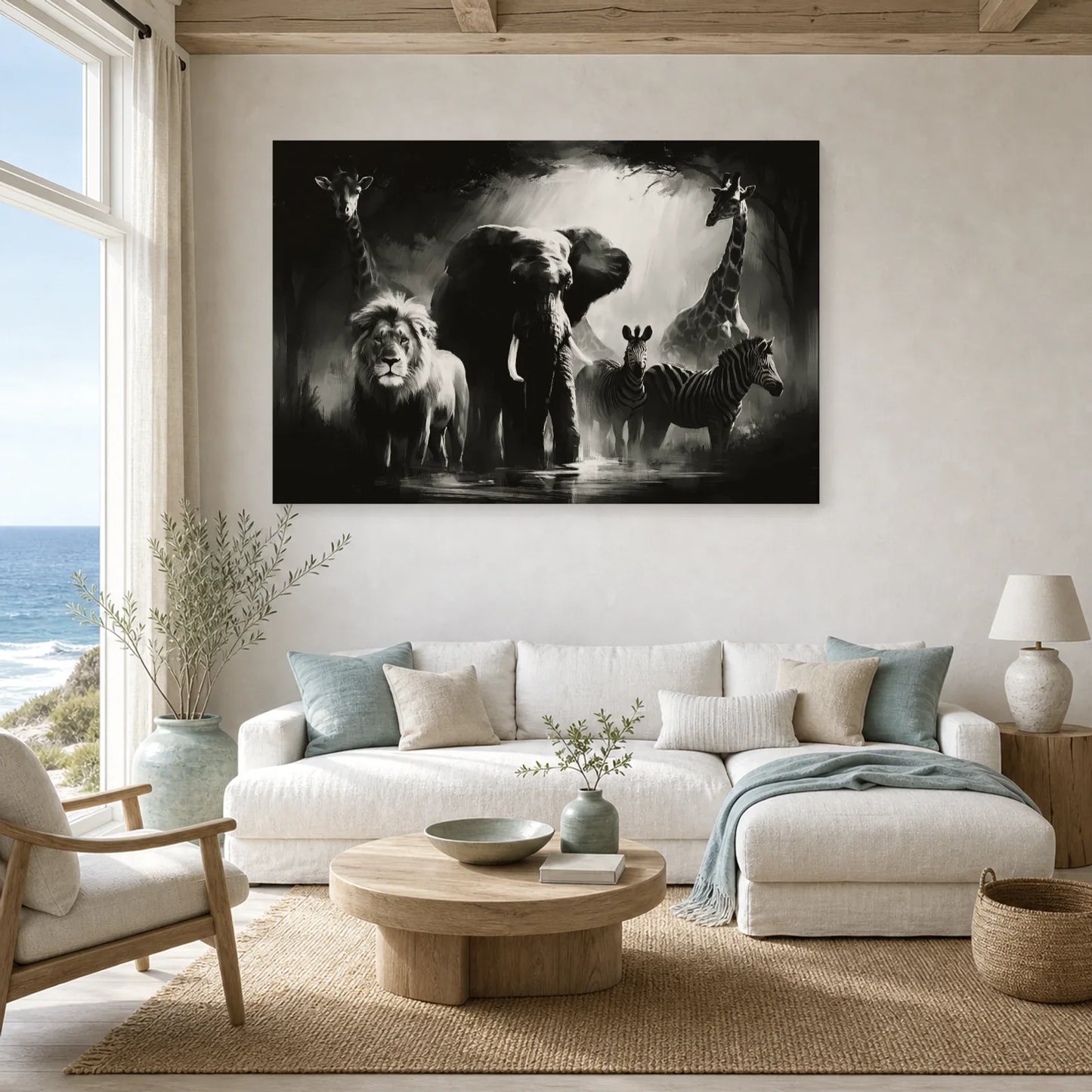 Tableau Animaux Sauvages Noir et Blanc - Cercle Sauvage dans un salon - Art Virtuoso
