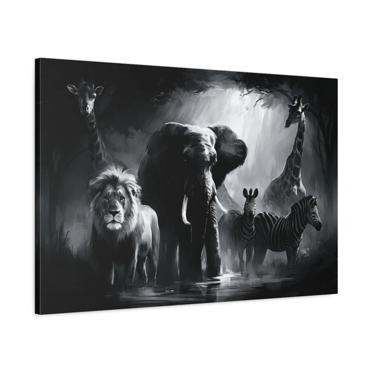 Tableau noir et blanc avec animaux sauvages éléphant lion et girafe - toile 3D avec bords imprimés visibles
