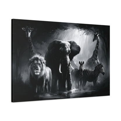 Tableau noir et blanc avec animaux sauvages éléphant lion et girafe - toile 3D avec bords imprimés visibles
