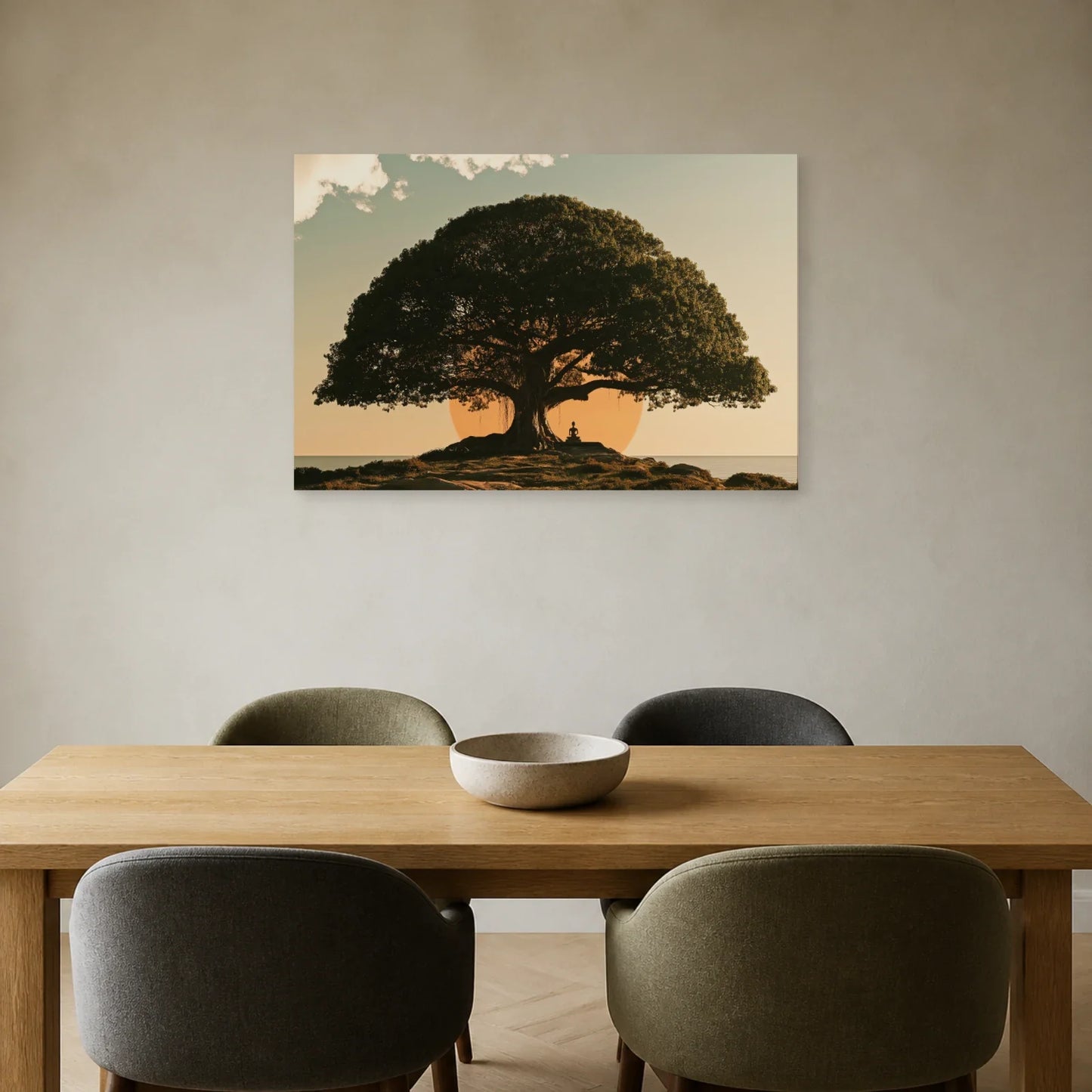 Tableau Arbre Bodhi présenté dans une salle à manger - Art Virtuoso
