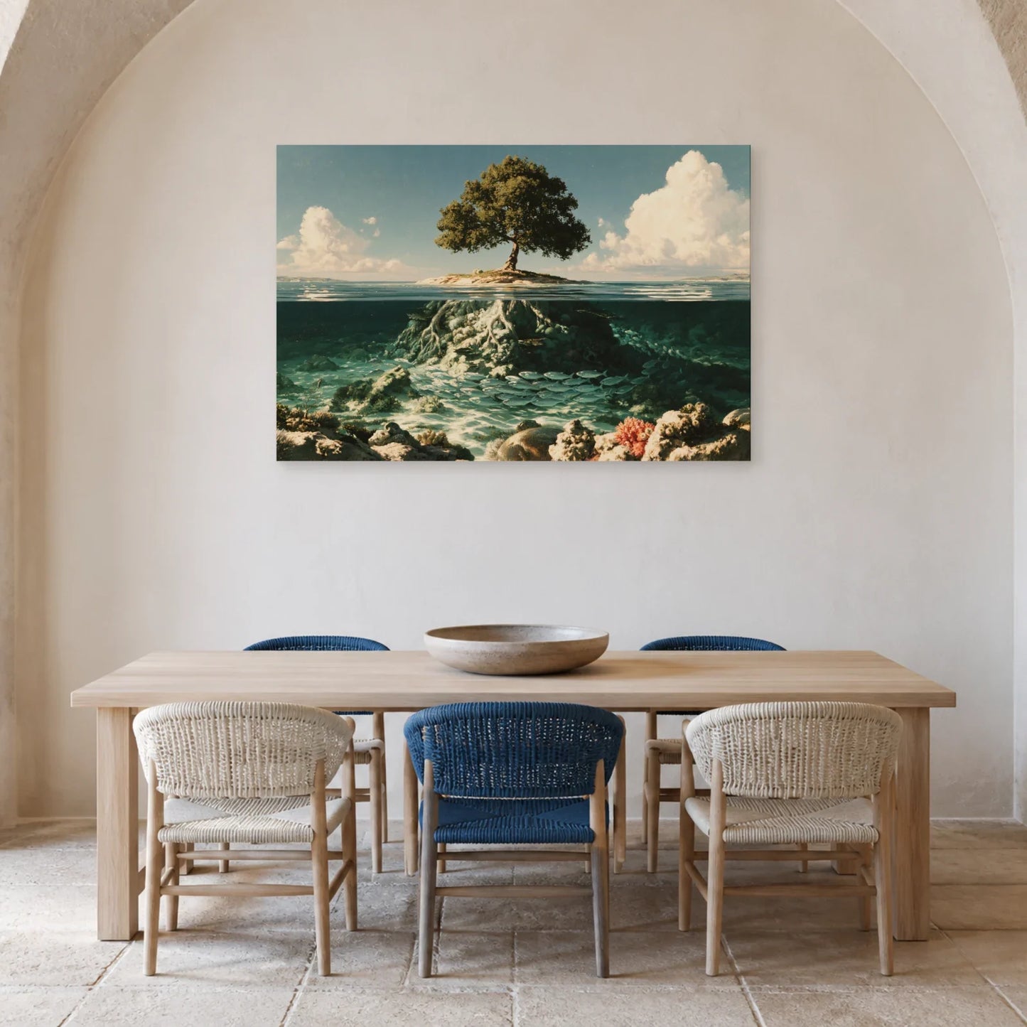 Tableau Arbre de Vie Aquatique présenté dans une salle à manger - Art Virtuoso