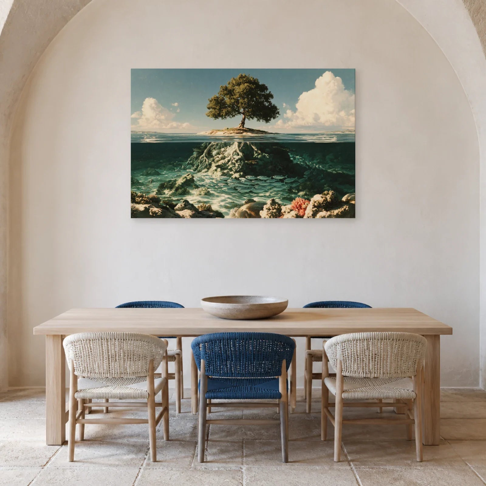 Tableau Arbre de Vie Aquatique présenté dans une salle à manger - Art Virtuoso