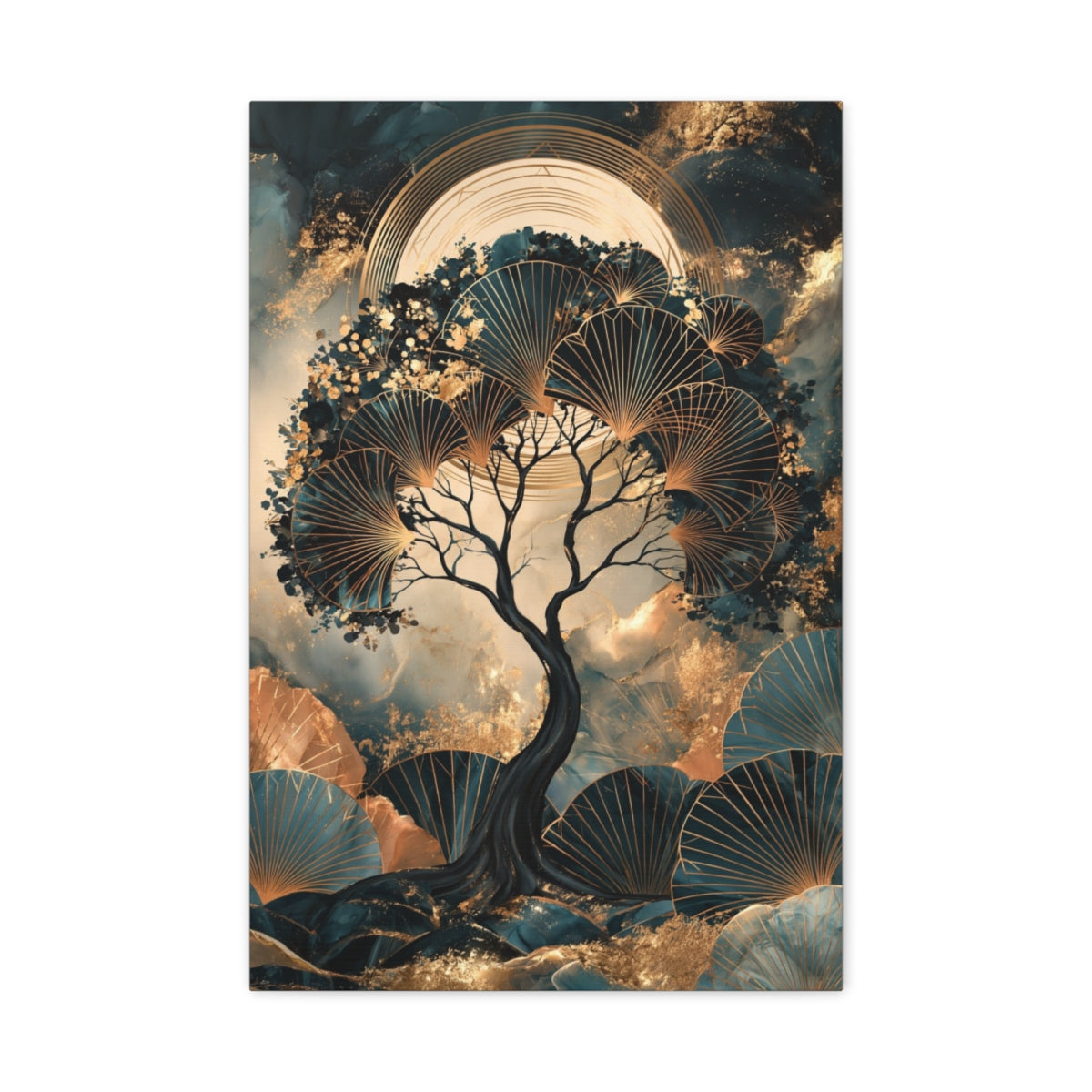 Tableau Arbre de Vie Art Déco, un arbre graphique dressé sous des éventails géométriques, format M - Art Virtuoso