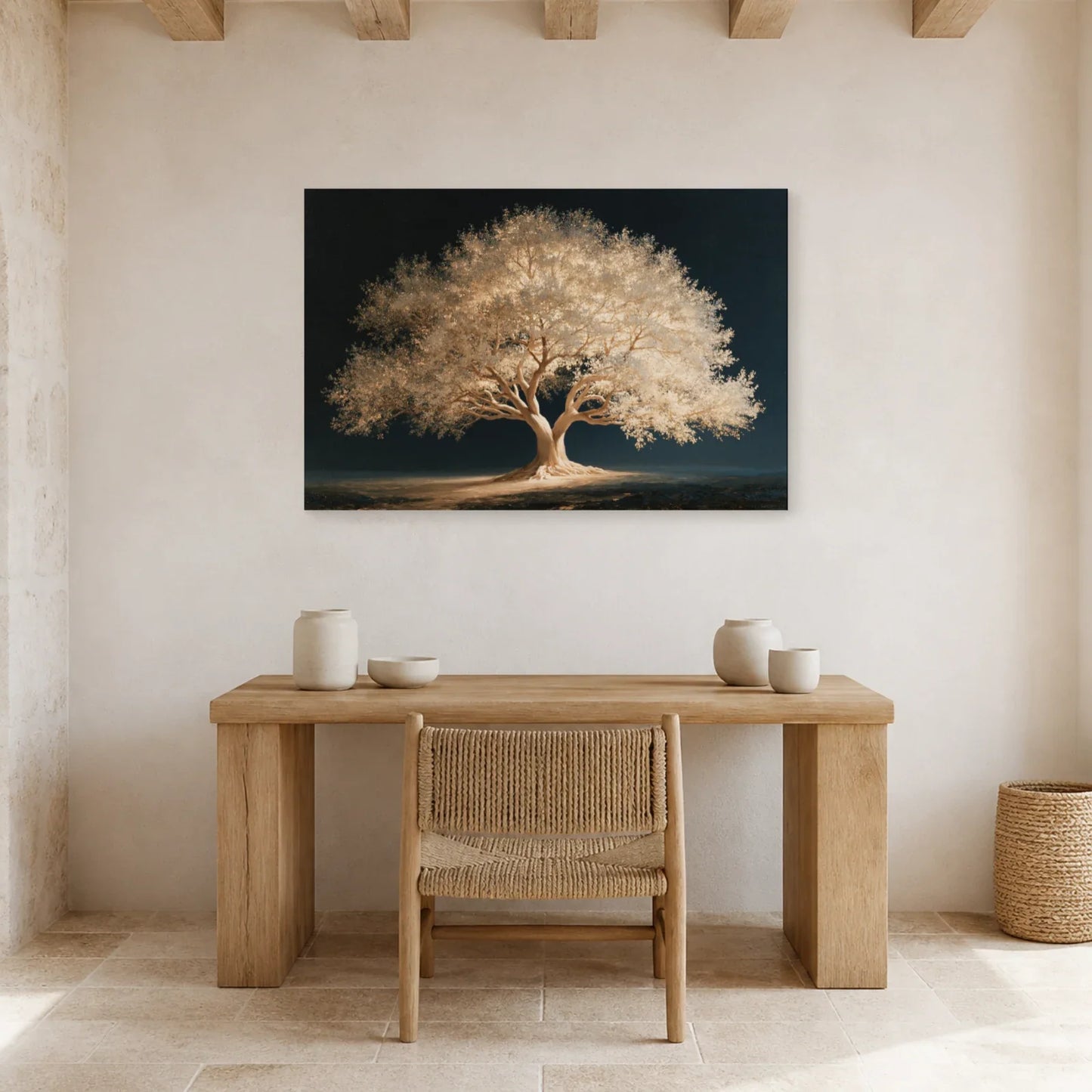Tableau Arbre de Vie Blanc présenté dans un bureau - Art Virtuoso